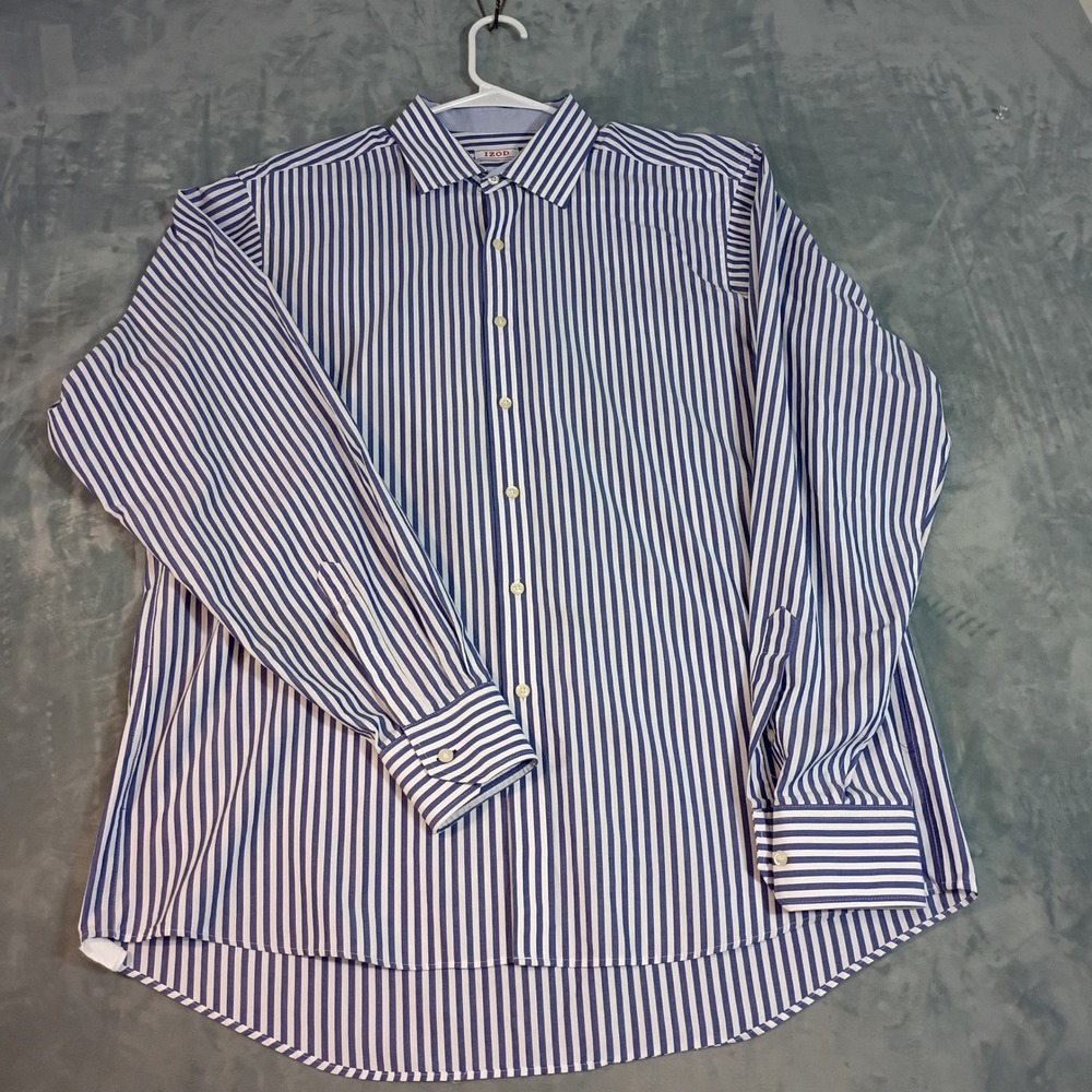 Izod Mens Blue White Striped Dress Shirt 16-16.5 36/37 Classic Fit Long Slv